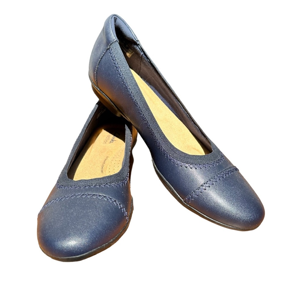 Clarks Flats Navy Leather Sarah‎ Bay Comfort Slip On Shoes Women’s Size 9.5N